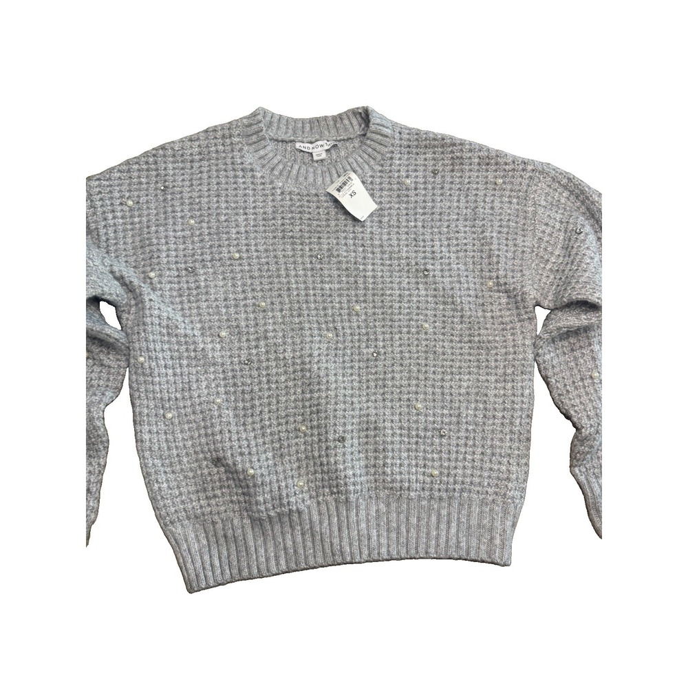 And Now This XS Gray Pearl Rhinestone Waffle Knit Crewneck Sweater NWT